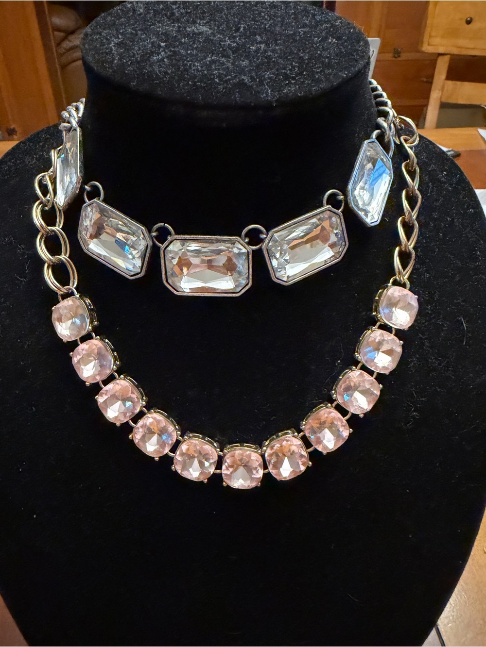 Elegant Pink Crystal Statement Necklace & Clear Crystal Necklace